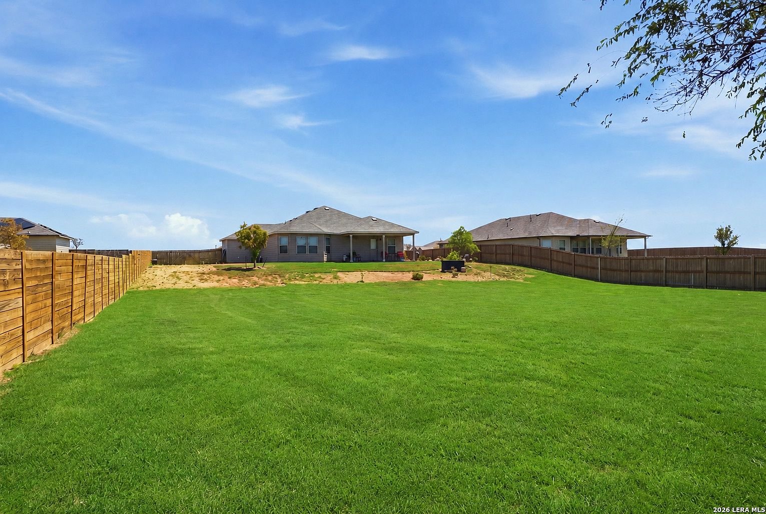 Half-acre backyard with privacy fence